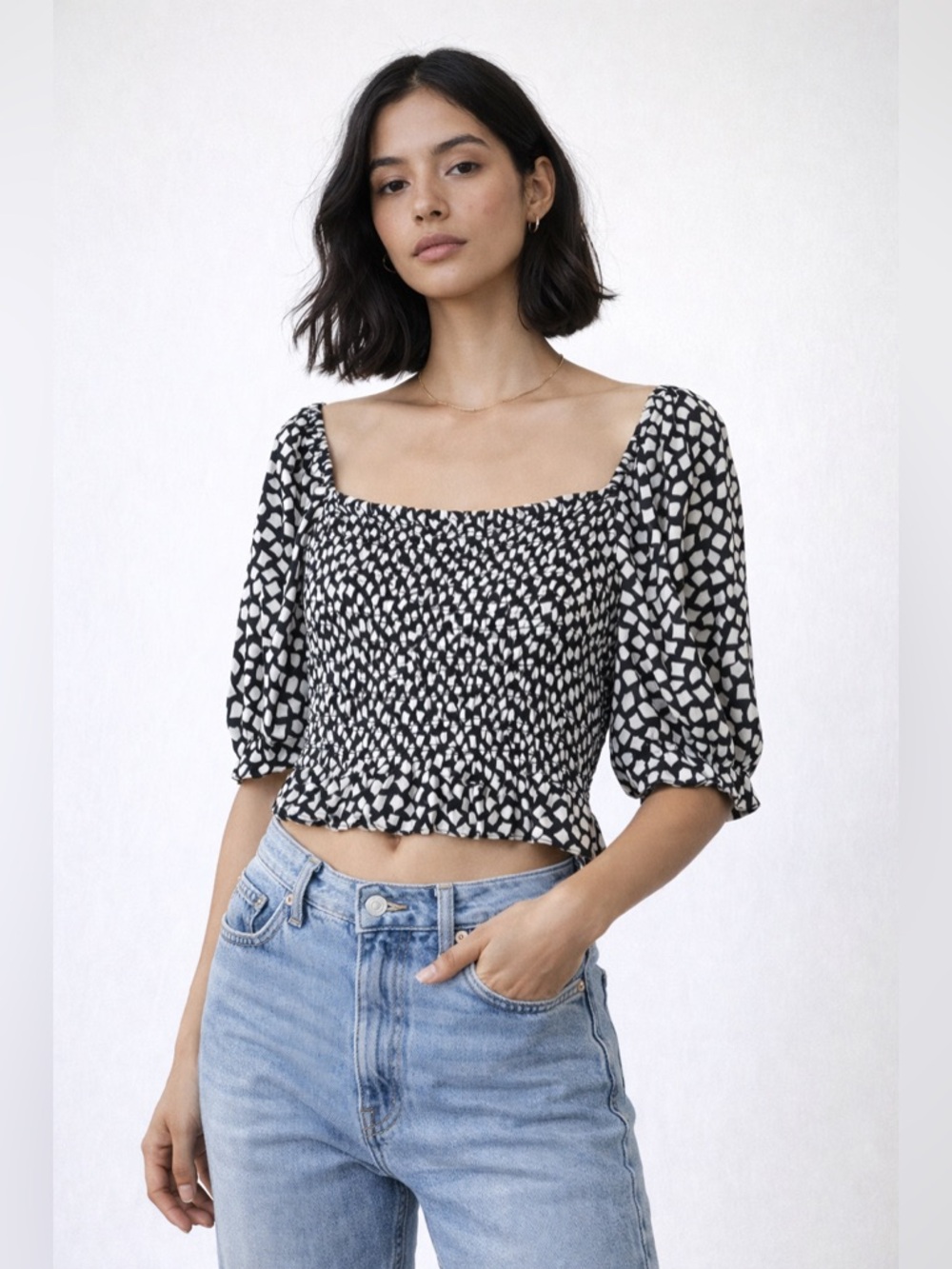 & Other Stories Black and White Smocked Crop Blouse